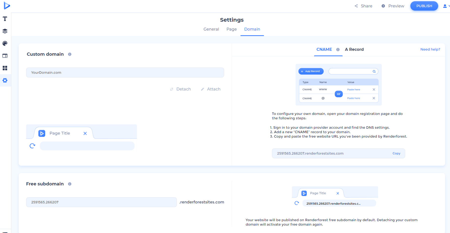 make website with renderforest edit domain