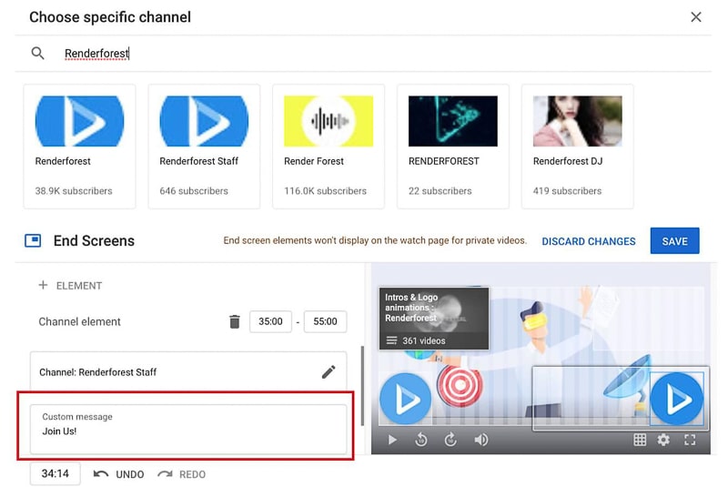 youtube end screen custom message