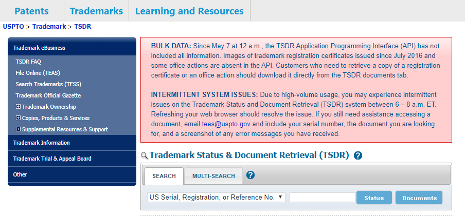 TSDR application status check