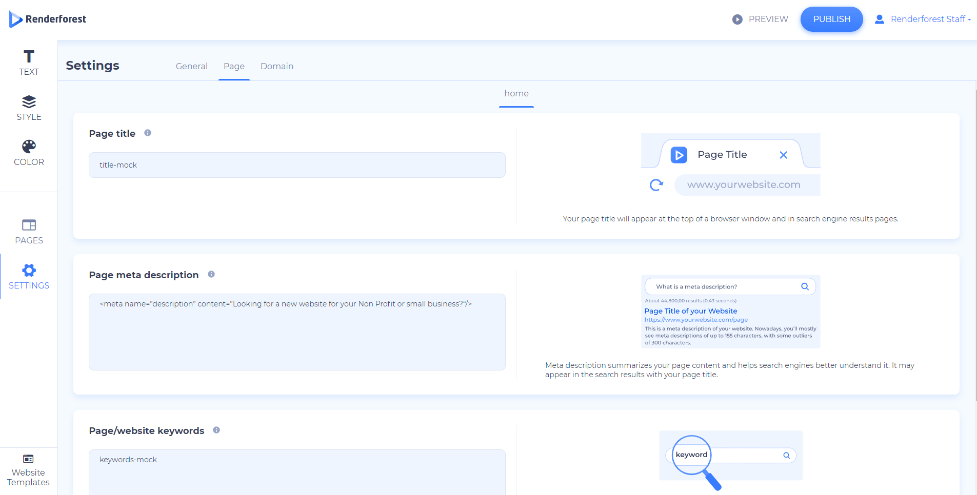website maker page setting