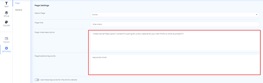 edit website page settings
