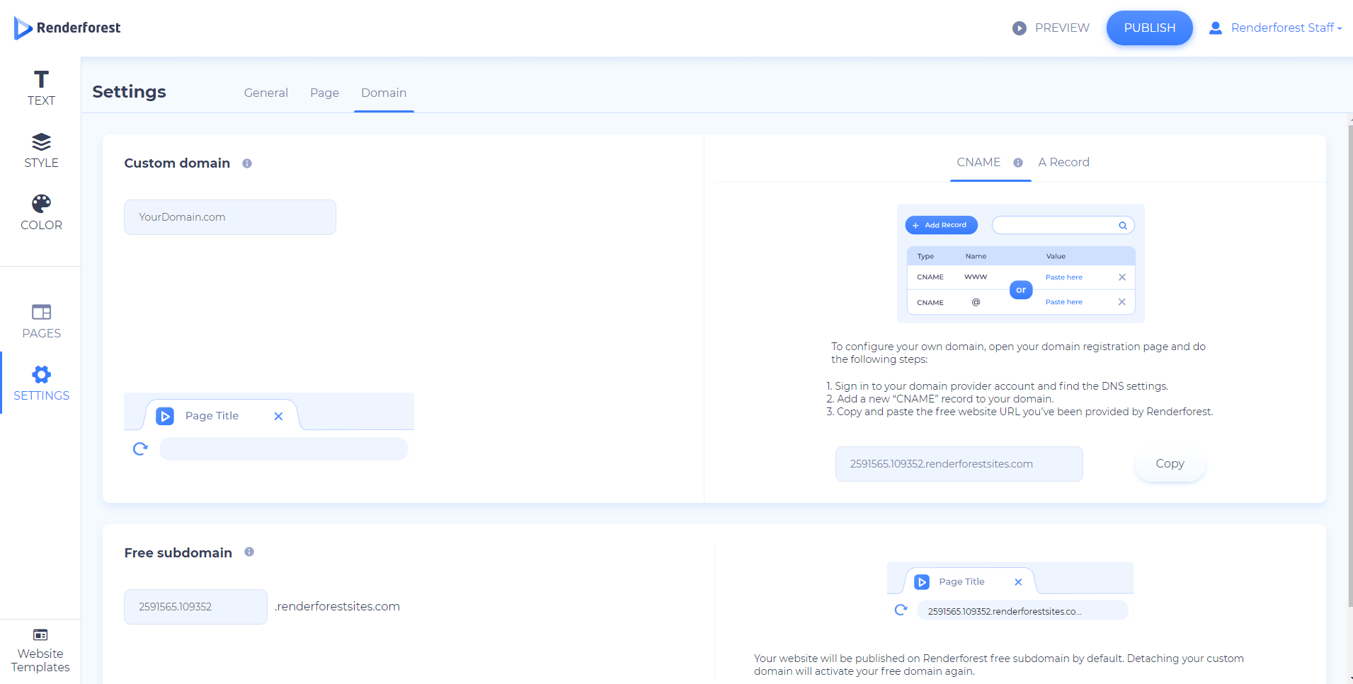 website maker domain setting