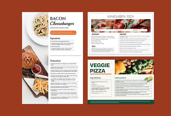 Tarjetas de recetas de pizzas y Hamburguesas