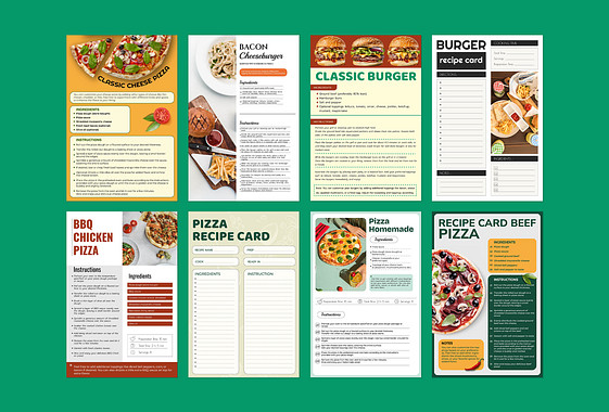 Tarjetas de recetas de pizzas y Hamburguesas
