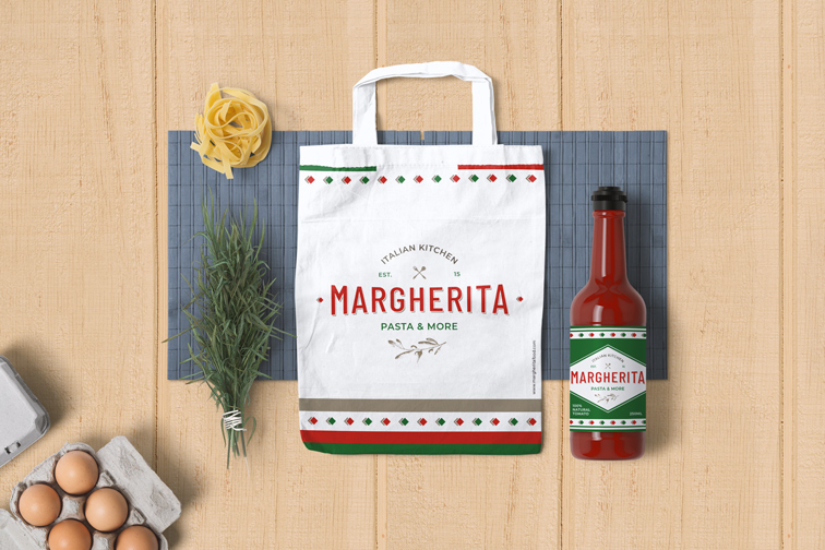 Tote Bag and a Ketchup Bottle with Italian Cuisine Elements