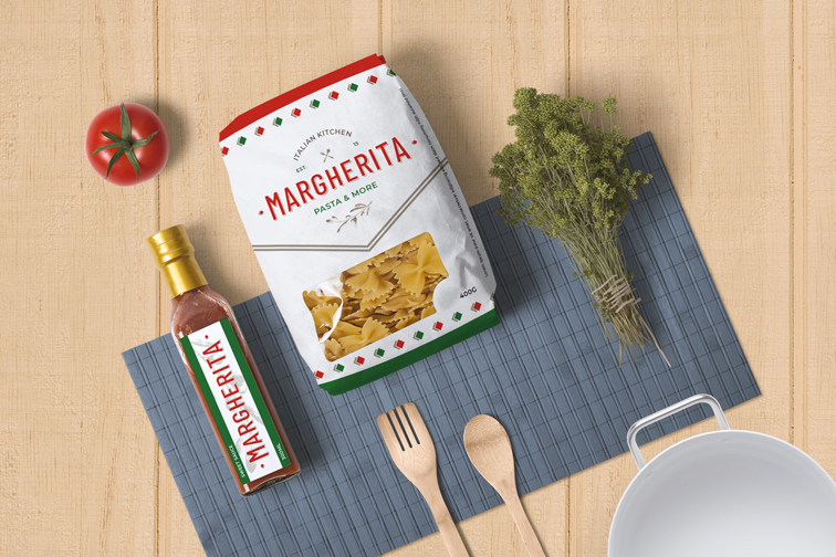 Pasta Package, a Sauce Bottle, and Food Elements