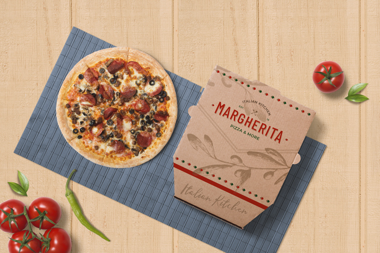 Pizza with a Cardboard Box on a Wooden Background