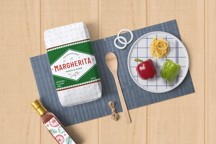 Flour Package with a Cuisine Set on a Wooden Background