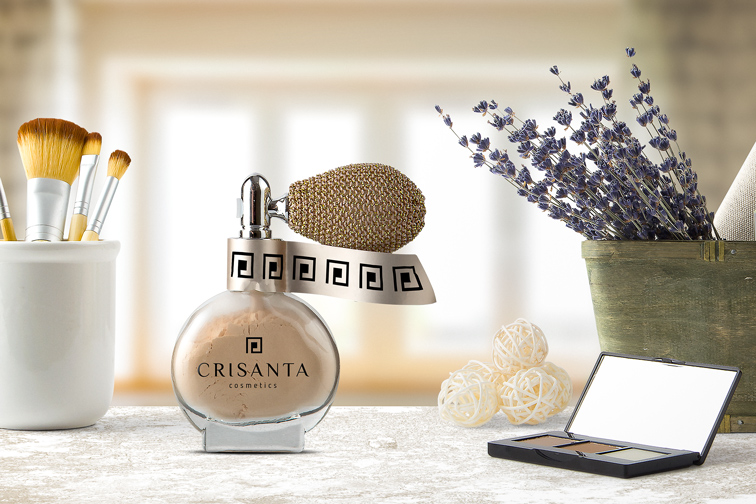 Perfume Bottle with a Spray Pump next to Makeup Products