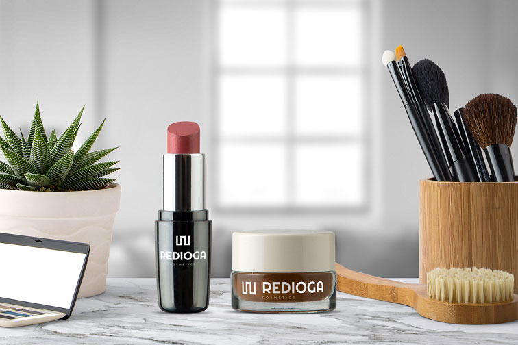 Lipstick, Makeup Brushes, and a Glass Cosmetic Jar