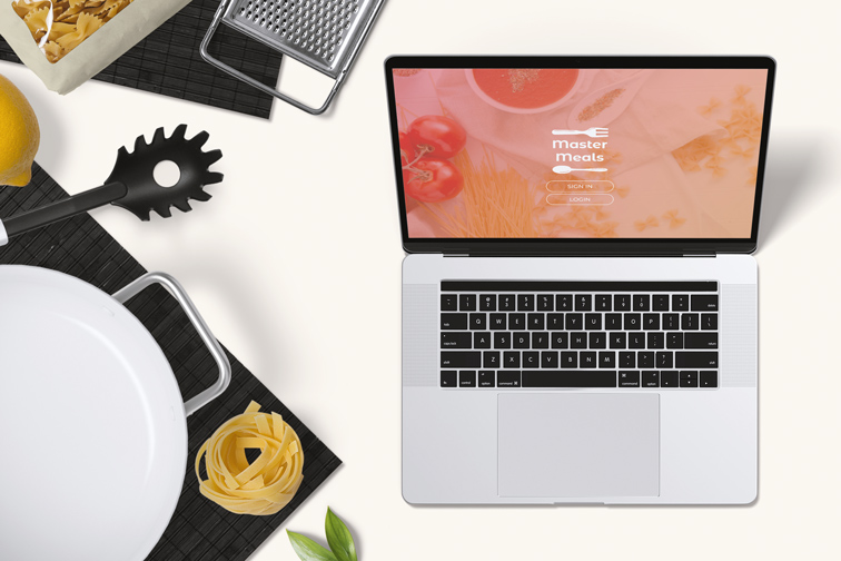 Portátil sobre un fondo de cocina