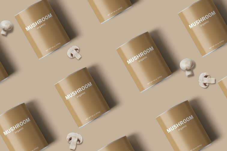 Multiple Food Cans with Mushrooms