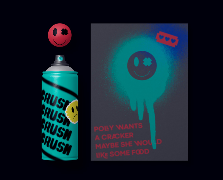 Spray Paint Can, a Flyer, and a Smiley Ball