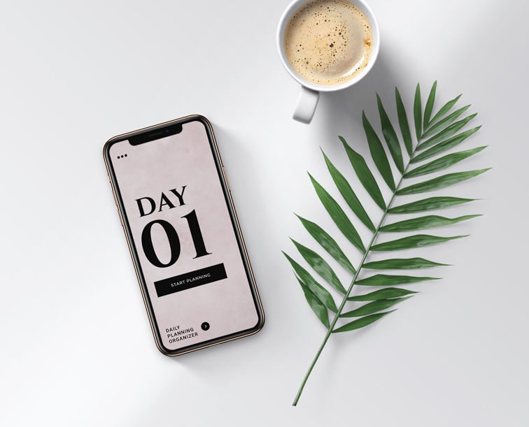iPhone with a Cup of Coffee and a Plant Branch