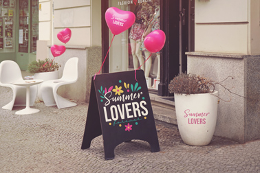 Storefront Sign with Heart Balloons