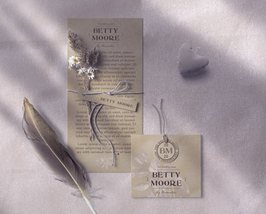Wedding Leaflet, a Hang tag, and a Feather