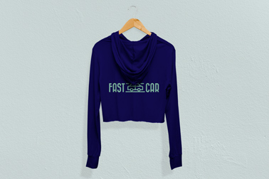 Синяя толстовка на вешалке, вид сзади