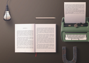 Open Book with a Typewriter and a Pencil