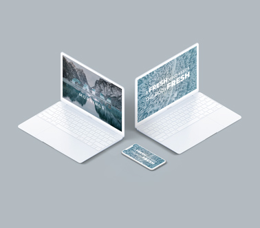 Два белых ноутбука MacBook с iPhone