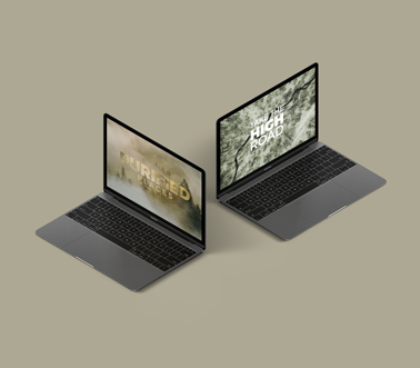 Два серых ноутбука MacBook на оливковом фоне