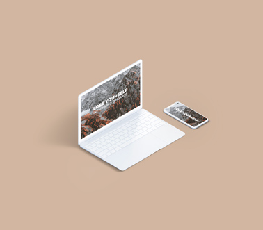 Ноутбук MacBook и iPhone на бежевом фоне