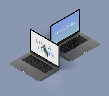 Two Gray MacBooks on a Blue Background