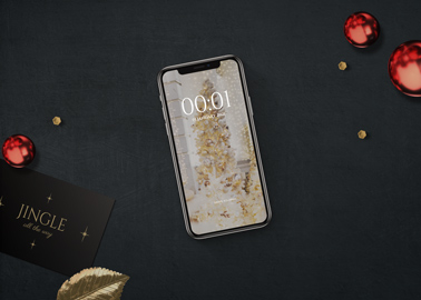 iPhone and a Card on a Christmas Background