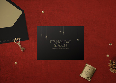 Christmas Greeting Card, an Envelope, and Ornaments