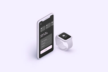 iPhone et une Apple Watch sur une surface violette