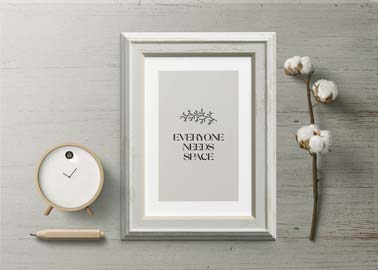 White Frame with a Clock and a Cotton Branch