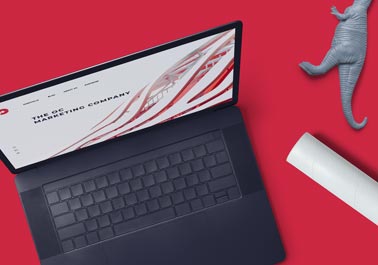 MacBook and Rolled Paper on a Red Surface