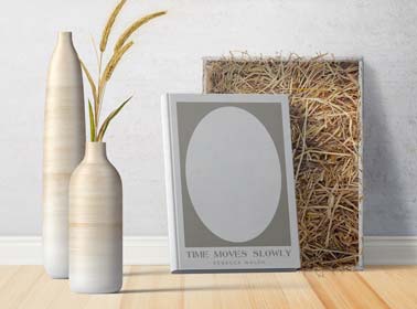 Libro de tapa dura junto a floreros decorativos