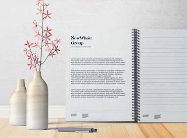 Cuaderno de bocetos con espiral abierto junto a un florero