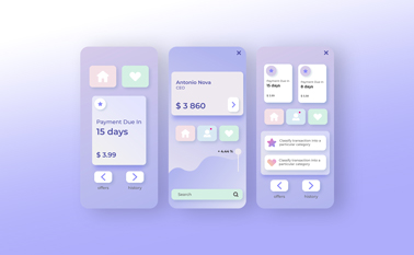 Three Neumorphic App Designs on a Pastel Surface