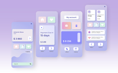 Four Neumorphic App Designs on a Pastel Surface