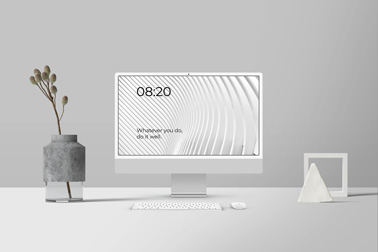 iMac Workspace with Reeds in Vase and Decors