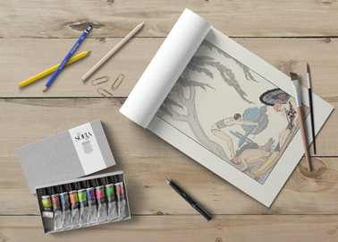 Albumpapier mit Malutensilien