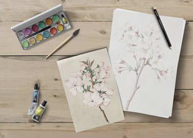 Papierbögen mit Malutensilien