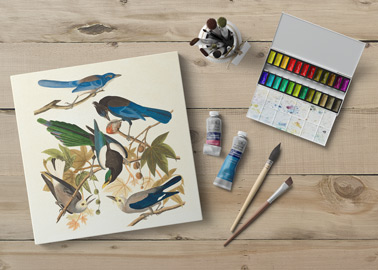 Leinwand mit Aquarellfarben und Pinseln