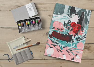 Blatt Papier mit Farbtuben und Utensilien