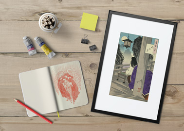 Rahmen mit Skizzenbuch und Schreibwaren