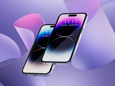 Vista de ángulo derecho de dos modelos de iPhone 14 Pro Max