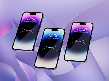 Vista de ángulo derecho de tres modelos de iPhone 14 Pro Max