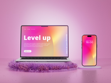 Macbook Pro and an iPhone 14 Pro Max Front View