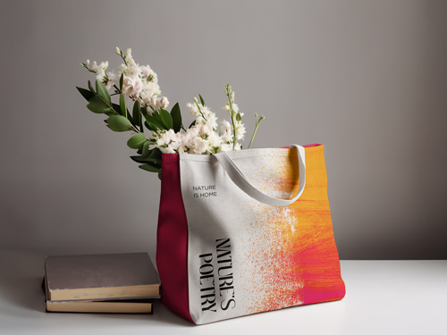 Tote Bag With Flowers on a White Table
