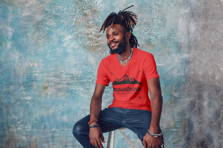 Sitting Man on a Blue Marble Background