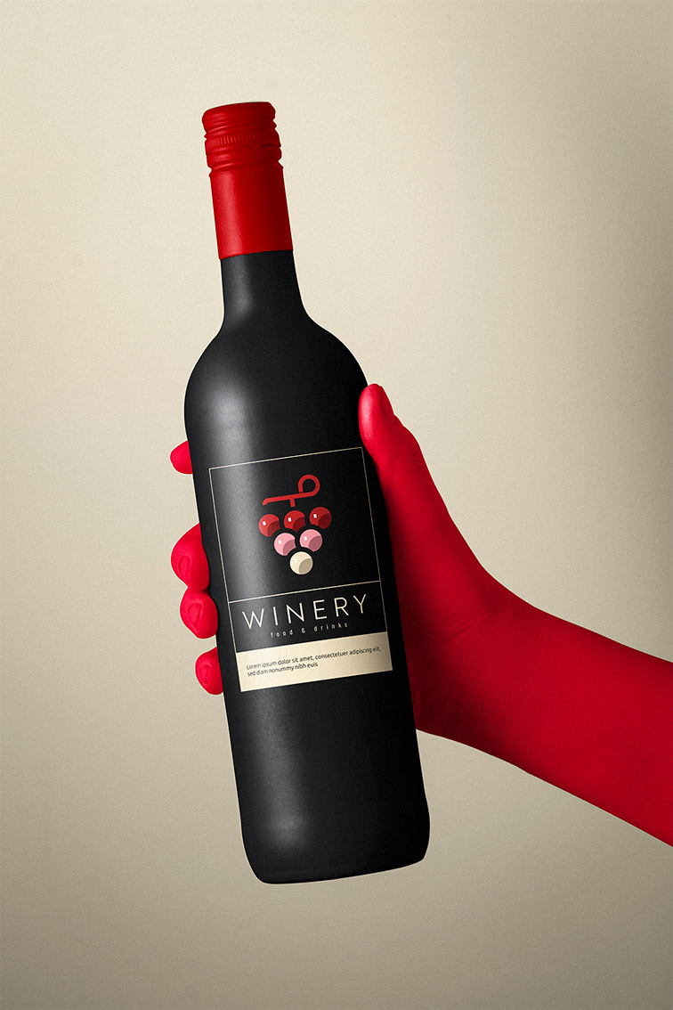 Main tenant une bouteille de vin