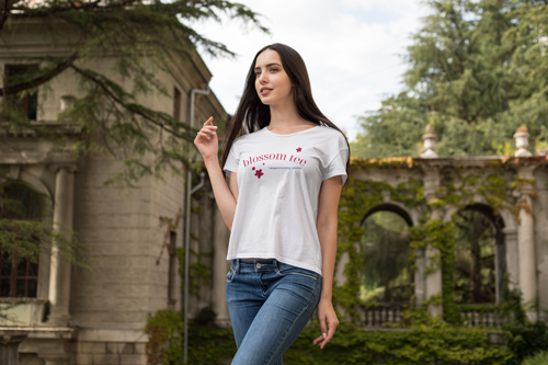 Woman in a T-Shirt Low Angle View