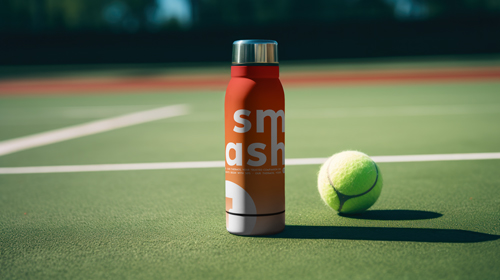 Balle de tennis et thermos sur un court de tennis