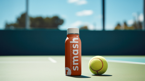 Bouteille d'eau et balle de tennis sur un court